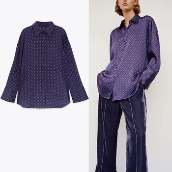2020 ZA Vintage košulja s geometrijskim po cijeloj površini Ženska košulja dugih rukava na zakopčane front Office ženske košulje Ženska moda Casual ljubičasta top