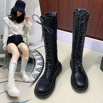 2021 Nove udobne ženske čizme do sredine kavijara Čvrste ženske čizme čipka-up na platformi na debelim potpeticama na munje Ženska modna obuća