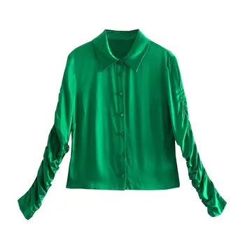 2021 Za Ženska zelena košulja sa рюшами i zelenim rukavima, ženska Vintage приталенная bluza, tanka top, šik Elegantne ženske satin majice