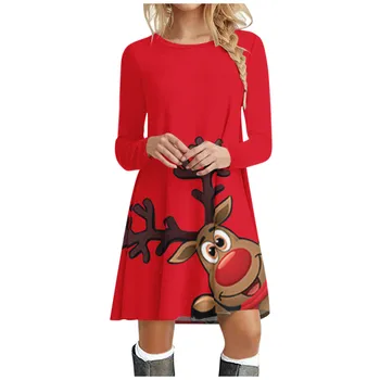 Božićna haljina Za žene 2022 Moda Jelen Santa Print Zimske Svakodnevne dugi rukav O izrez Haljinu Noel Majica Besplatno haljina Plus Size