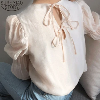 Bujna Elegantan slobodna bluzu s dugim rukavima, seksi bluzu s otvorenim leđima i lukom, dizajnerske bluza, ženska majica okruglog izreza, Blusas Mujer, jednostavna majica 14368