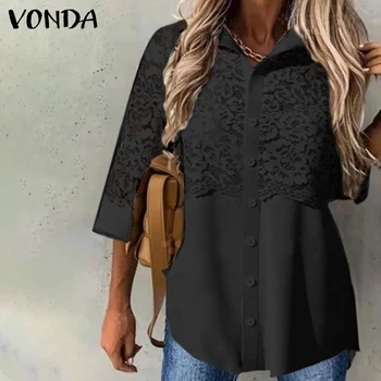 Cvjetne čipke bluza 2022 VONDA Casaul s igle i cutaway dugi rukav Večernje košulje cvjetne čipke bluza u patchwork stilu Vrhovima Blusas Femininas Prevelike