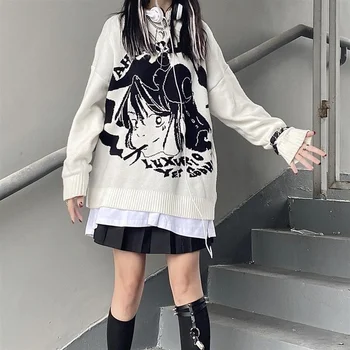 Deeptown Gotička Anime džemper s po cijeloj površini Zimska odjeća za žene 2021 Korejski pulover Modni majice s dugim rukavima, Crni okrugli izrez Casual