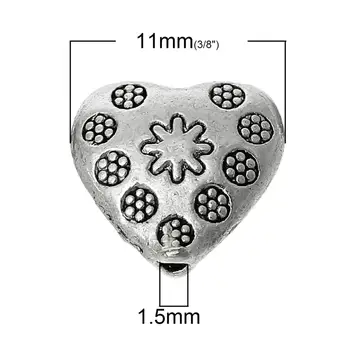 DoreenBeads Razuporne perle od цинкового legure s сердечком Srebrne boje Sa kružnom uzorkom Oko 11 mm x 11 mm ,Otvor:oko 1,5 mm,6 kom.
