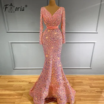 Elegantne bujne rukava roza sequined haljina za prom, duga do poda vestido de fiesta de boda Sirena muslimanke Vjenčanje haljine za zabave