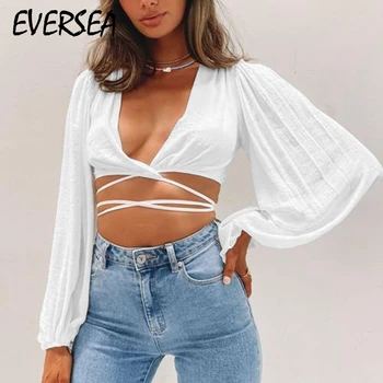 Eversea Fairycore Vintage moda Duboki V-izrez u obliku u struku Kravata Dizajn Košulje Za žene s dugim rukavima-svjetiljku Jesen skraćeni vrhovima Slatke majice