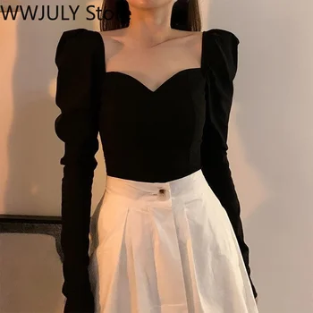 Francuski Berba elegantne vrhovima Za žene s dugim rukavima Crna seksi bluza Y2k Ured lady Korejski moda Košulje čiste boje 2021 Jesen