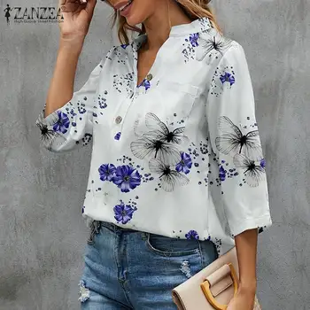 Ljetna Boem cvjetni košulja Ženska Elegantna cvjetni tiskarski Posao OL Bluza ZANZEA 2022 Proljeće V izrez 3/4 Rukavima Majice Blusas Mujer