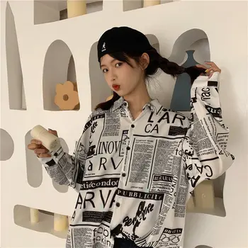 QWEEK Košulja газетным po cijeloj površini i dezena Za žene i Starinski kardigan Harajuku u korejskom stilu Jesen 2021, Bluze i majice veličine