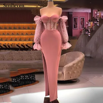 Smileven Prljavo-roza bogata večernja haljina s dugim rukavima, večernjih haljina s prorezom sa strane, večernjih haljina za prom, Slatki vrat, Večernja haljina Saudijskoj Arabiji