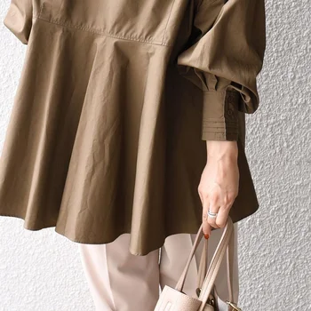 Trendy ženske bluze 2021 Okrugli izrez dugi rukav srednje dužine Slobodnog pulover u japanskom stilu nabrane Office ženske cipele Blusas Elegantes