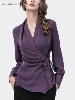 Trendy ženske cipele s dugim rukavima V-neck, Ljubičasta košulja čipka-up Elegantno tanke majice s visokim strukom 2021 Jesen Nove poslovne ženske bluze