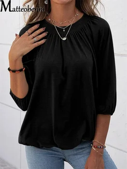 Ženska jesenski monotono majica sa 3/4 rukava, nabori skupljanja, majica okruglog izreza, 2021, ženska vanjska odjeća, Svakodnevne slobodne berba vrhovima