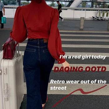 Ženske košulje Berba crvene ženske Novi skraćene top rukav-svjetiljku Moderan Svakodnevni monotono jednostavan moderan estetski moda jesen odjeća