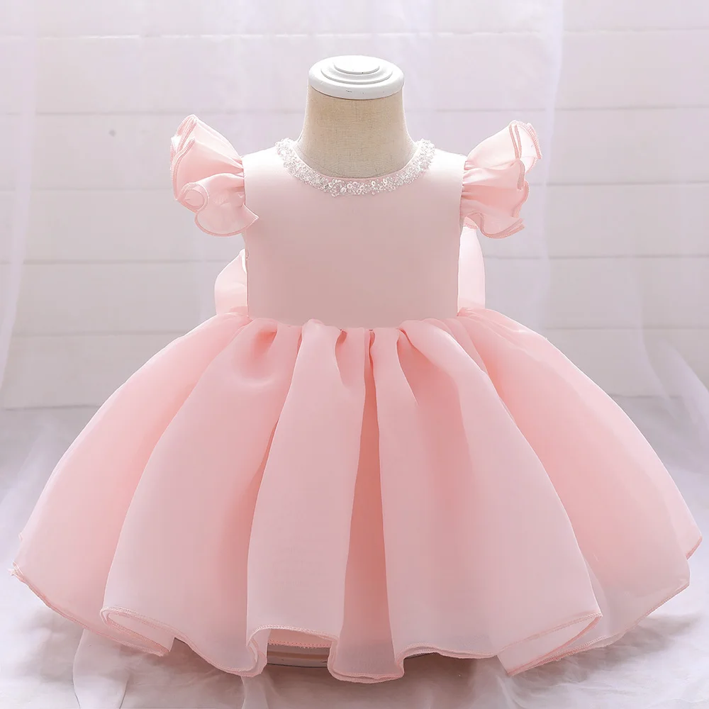 2022 Pink dječje odjeće Beaded Haljina na Prvi rođendan za djevojčice Svečanu haljinu loptu s lukom Haljine za zabave, Princeza 0 1 2 Y Vestidos 2