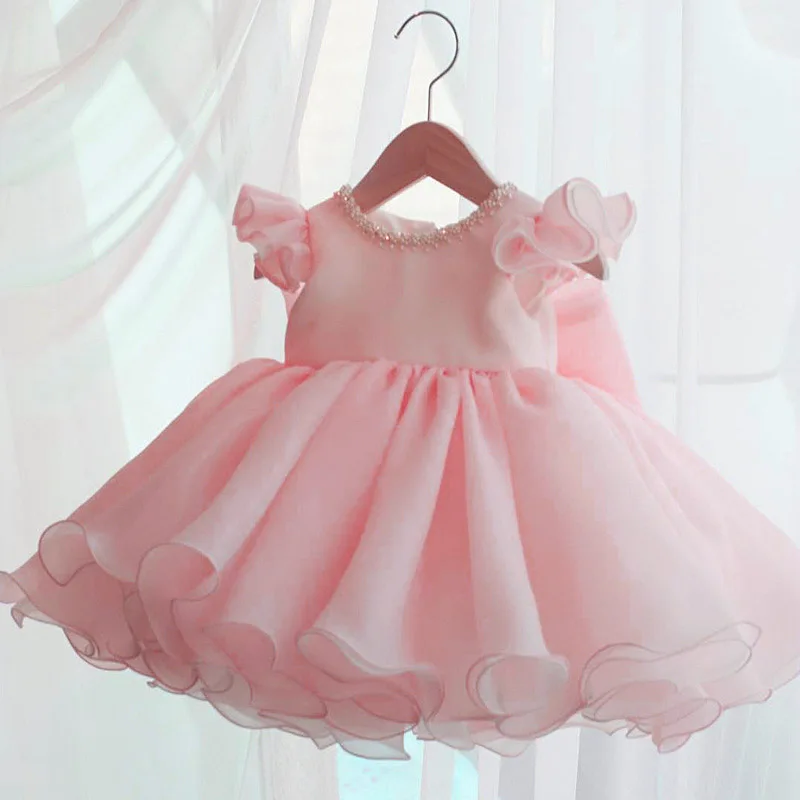 2022 Pink dječje odjeće Beaded Haljina na Prvi rođendan za djevojčice Svečanu haljinu loptu s lukom Haljine za zabave, Princeza 0 1 2 Y Vestidos 3