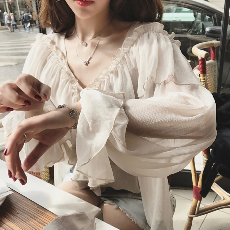 Jesenski оборчатая расклешенная bluza s rukavima elegantan оборчатая košulje za žene seksi bluzu s V-neck, bistra nadvoji monotono košulja 13459 5