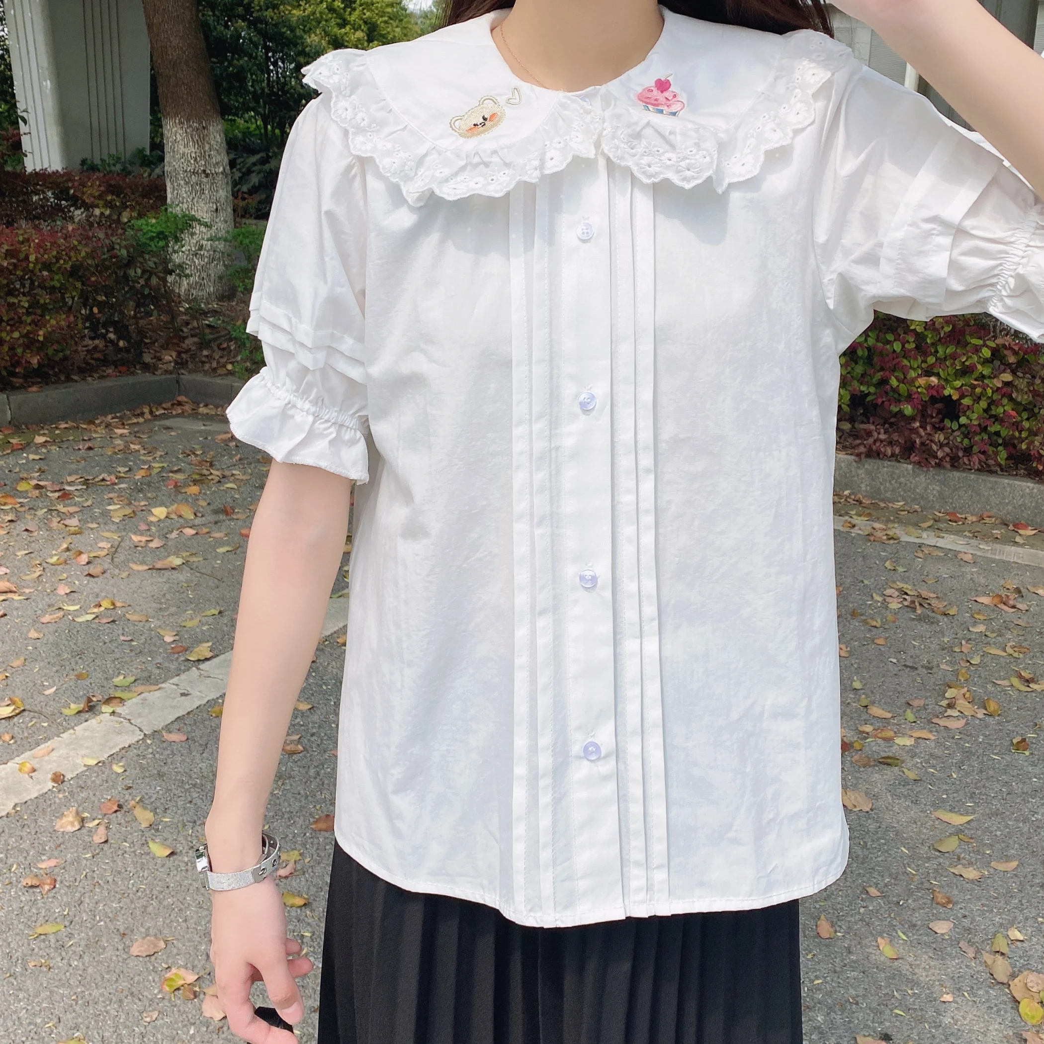 QWEEK Kawaii Bluza Ženska bijela košulja za mlade Harajuku u stilu Лолиты cvjetne čipke kratkih rukava Slatka vrhovima Soft odjeća za djevojčice velike veličine 1