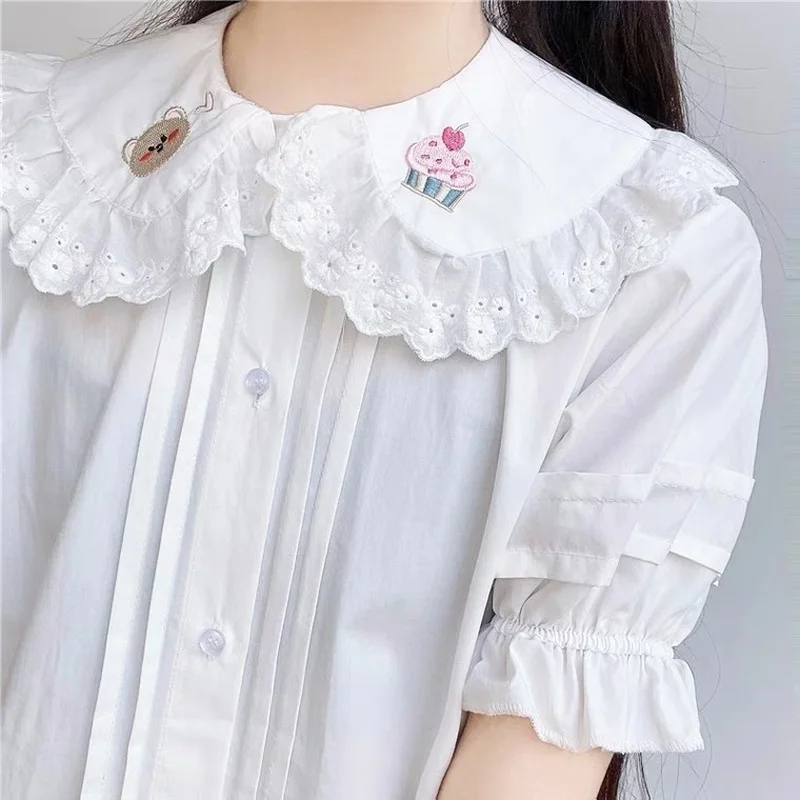 QWEEK Kawaii Bluza Ženska bijela košulja za mlade Harajuku u stilu Лолиты cvjetne čipke kratkih rukava Slatka vrhovima Soft odjeća za djevojčice velike veličine 2