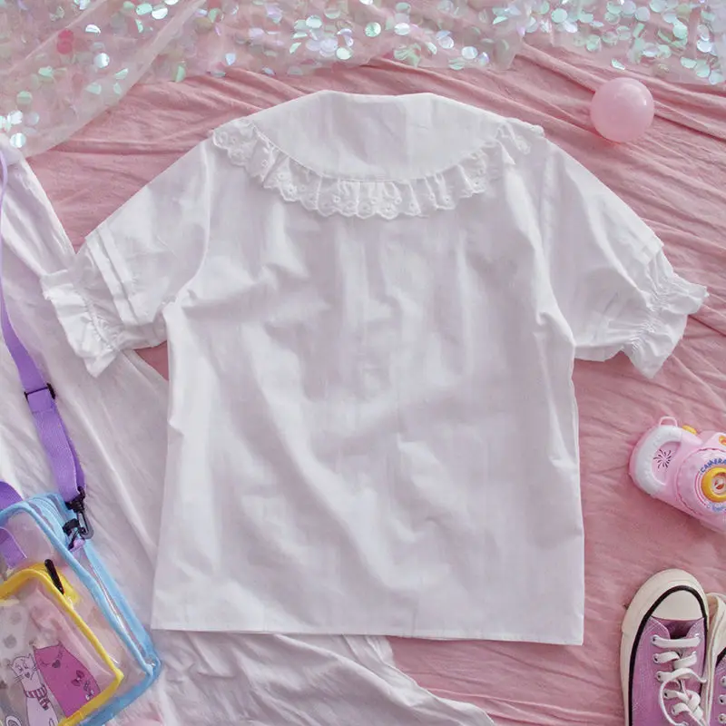 QWEEK Kawaii Bluza Ženska bijela košulja za mlade Harajuku u stilu Лолиты cvjetne čipke kratkih rukava Slatka vrhovima Soft odjeća za djevojčice velike veličine 3