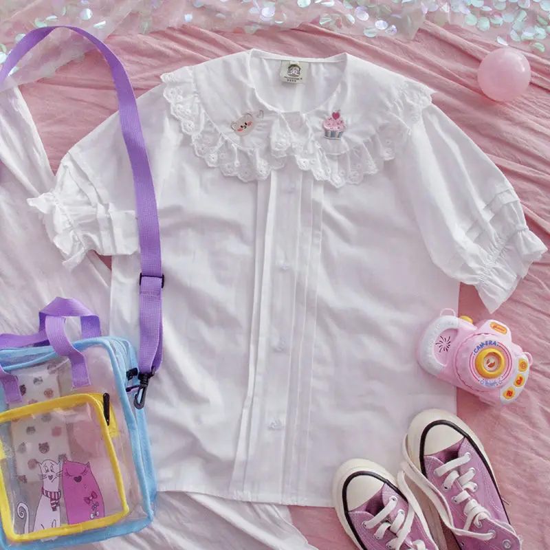 QWEEK Kawaii Bluza Ženska bijela košulja za mlade Harajuku u stilu Лолиты cvjetne čipke kratkih rukava Slatka vrhovima Soft odjeća za djevojčice velike veličine 5