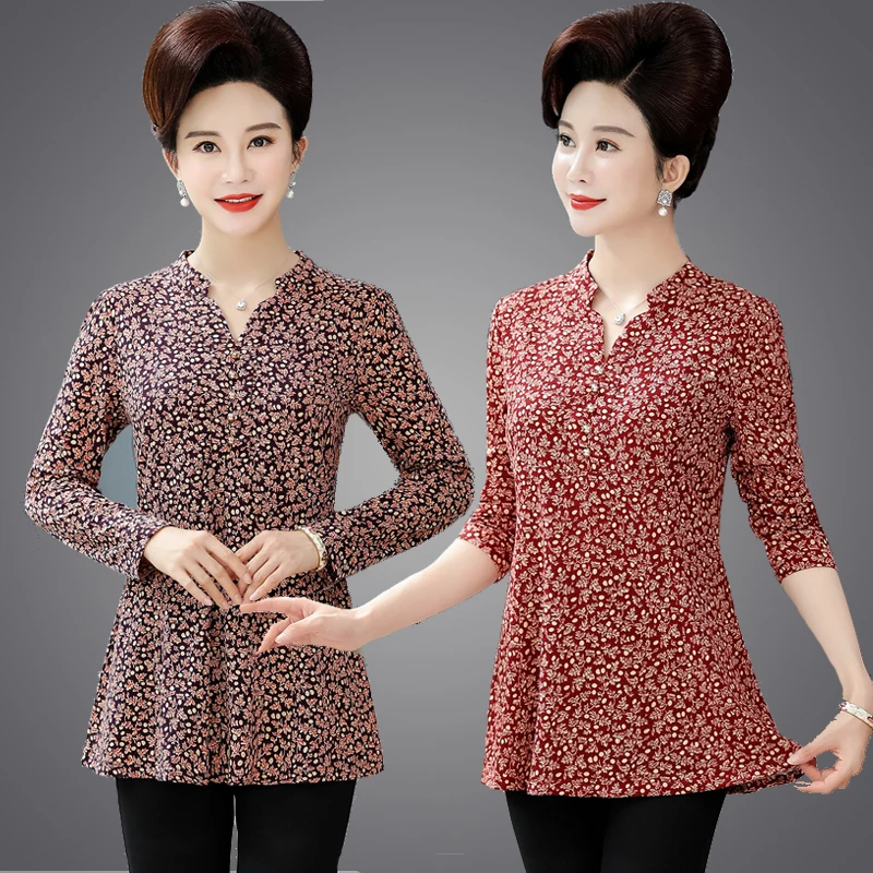 Trendy ženske košulje Proljeće i Jesen Novi V-izrez u obliku Dugih Rukava Cvjetne Košulje, Majice Srednje dobi 40-50-60 godina Elegantne ženske košulje 0