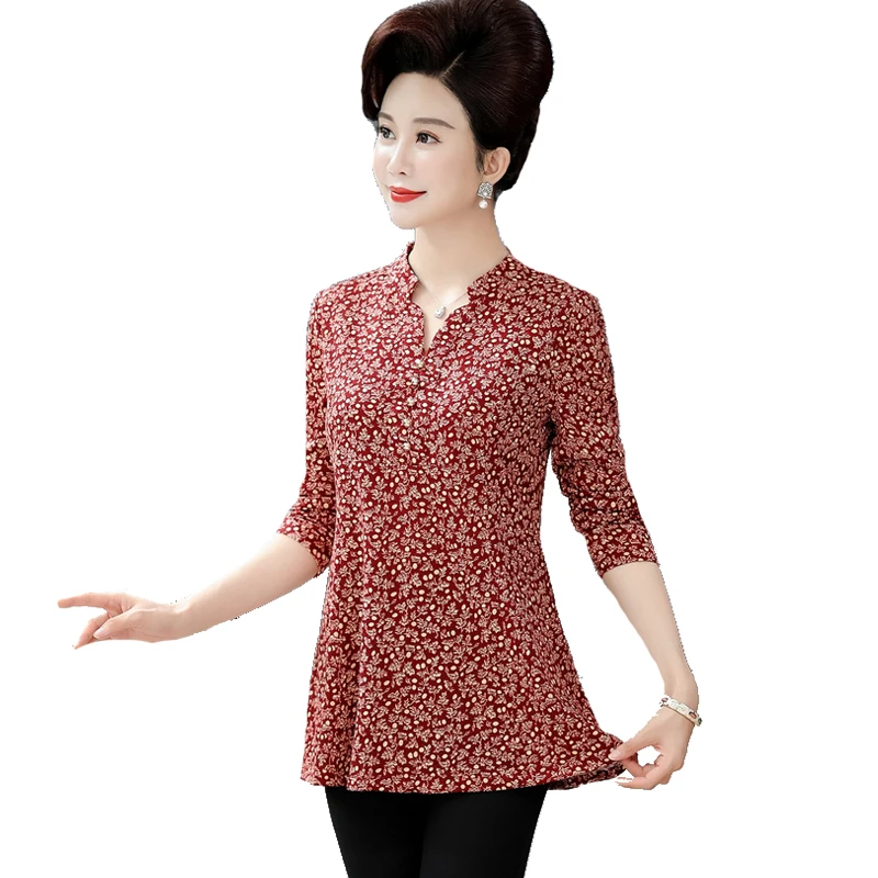 Trendy ženske košulje Proljeće i Jesen Novi V-izrez u obliku Dugih Rukava Cvjetne Košulje, Majice Srednje dobi 40-50-60 godina Elegantne ženske košulje 5