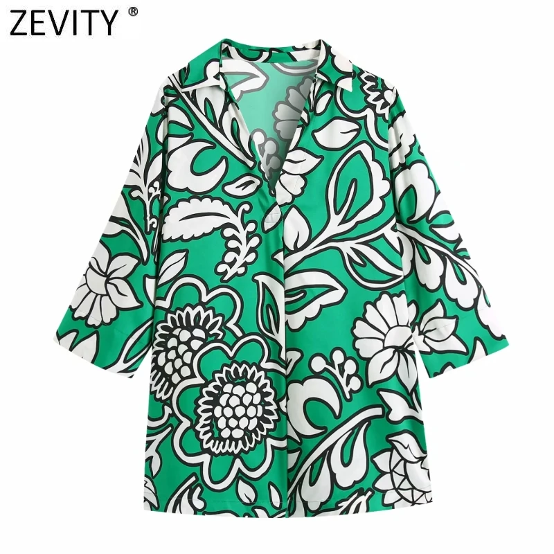 Zevity Za žene Vintage Bijeli Cvjetni print Zelena Bluza ženska V-izrez u obliku majica-kimono s prorezom Šik slobodan košulje i Majice LS9609 0