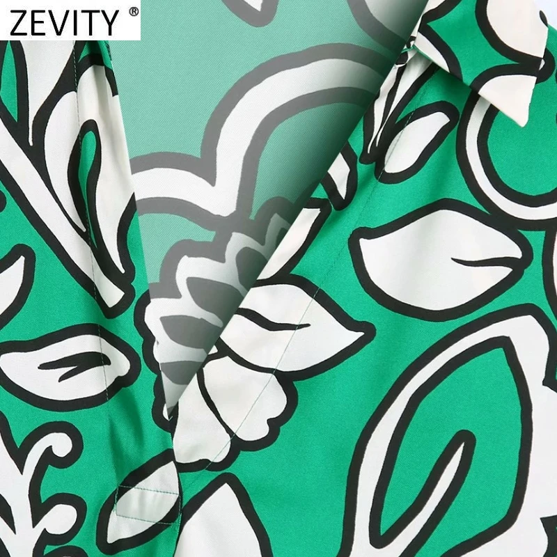 Zevity Za žene Vintage Bijeli Cvjetni print Zelena Bluza ženska V-izrez u obliku majica-kimono s prorezom Šik slobodan košulje i Majice LS9609 2