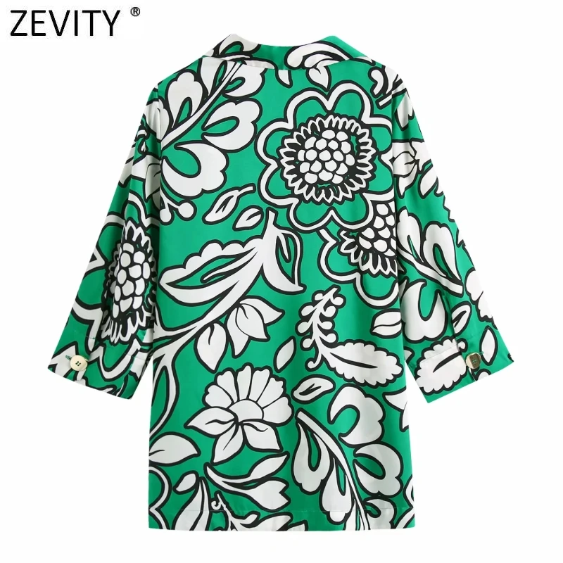 Zevity Za žene Vintage Bijeli Cvjetni print Zelena Bluza ženska V-izrez u obliku majica-kimono s prorezom Šik slobodan košulje i Majice LS9609 5
