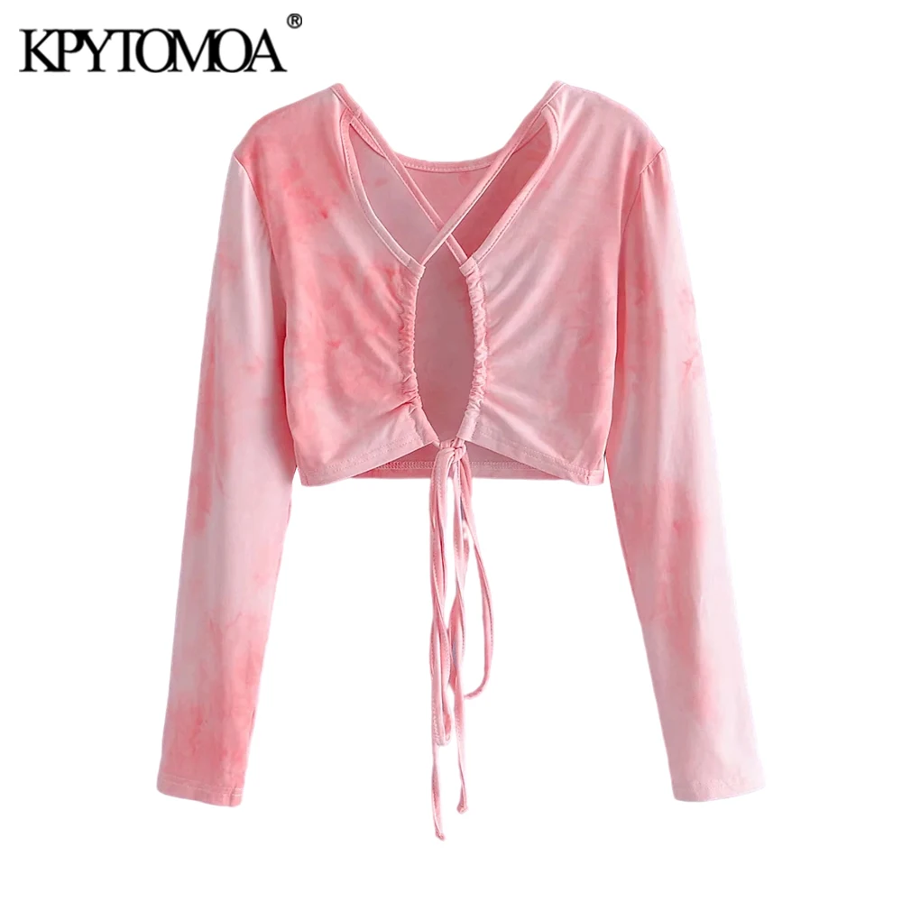 Ženska moda KPYTOMOA s завязанным po cijeloj površini Tie-dye Skraćeni Vintage bluze ženske košulje dugih rukava i otvorenih leđa Šik vrhovima 3