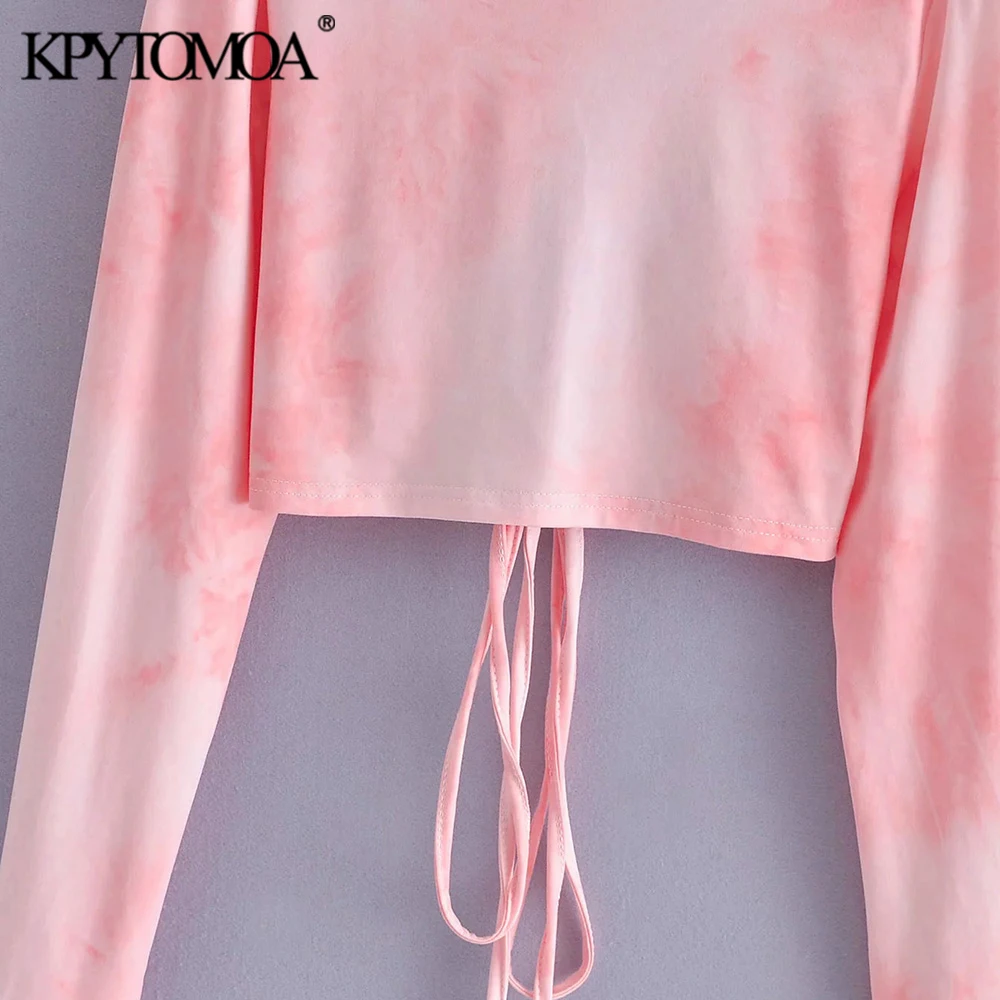 Ženska moda KPYTOMOA s завязанным po cijeloj površini Tie-dye Skraćeni Vintage bluze ženske košulje dugih rukava i otvorenih leđa Šik vrhovima 5