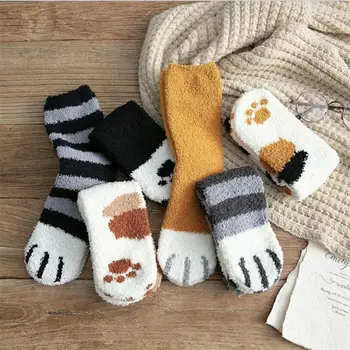 1 Par Slatka mačka kandži Debele čarape Udoban pliš čarape od koralnog runo, jesenje i zimske ženske čarape za spavanje na podu