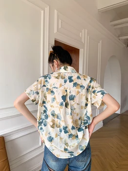 CHEERART Dizajnersku majicu po zakopčane kratkih rukava Za žene Ljetne majice i košulje s cvjetnim ispis Bež Havajski košulja s ovratnikom 2021