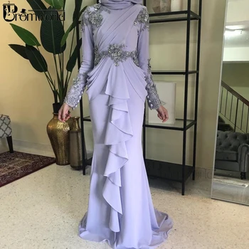 Muslimanski ljubičasta večernje haljine 2021 s visokim Izreza i dugim rukavima Hidžab Sirena Šifon Vestido De Festa Duga večernja večernja haljina