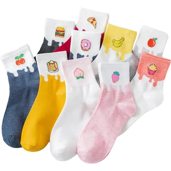 Pamučne ženske čarape s cartoonish voćni po cijeloj površini, slatka slatka ženske čarape, prehrambene uzorke Harajuku zabavne sportske čarape za djevojčice