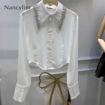 Stara Dama Bijela košulja Novi Kratki Temperamentni bluzu s igle od gorskog kristala, Funky bluzu dugih rukava, Sve-Top Blusas Femme