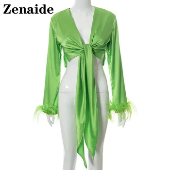 Zenaide Ženska moda Seksi V-izrez u obliku Zelene Vintage Pero Satin bluza Košulja Povez Svakodnevni Jesenski elegantna košulja, dugi rukav