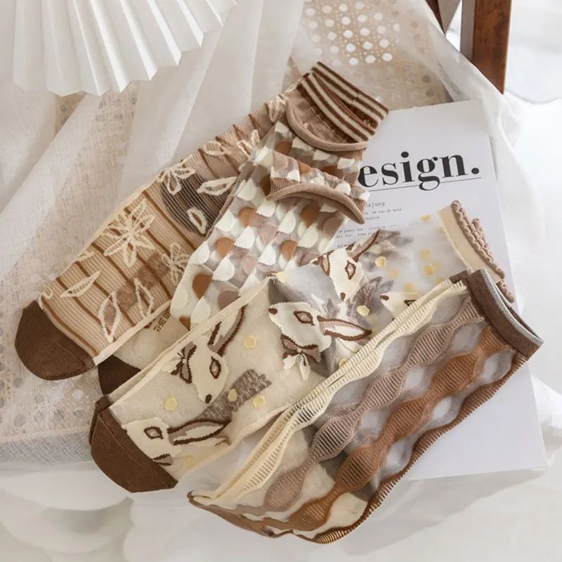 Ljetne čarape Prozirne Cool Prozračna Харадзюку Klasicni ultra-tanki Crtani Zečevi Čaj s Mlijekom Boja Kristalnu Svilenih Čarapa 1
