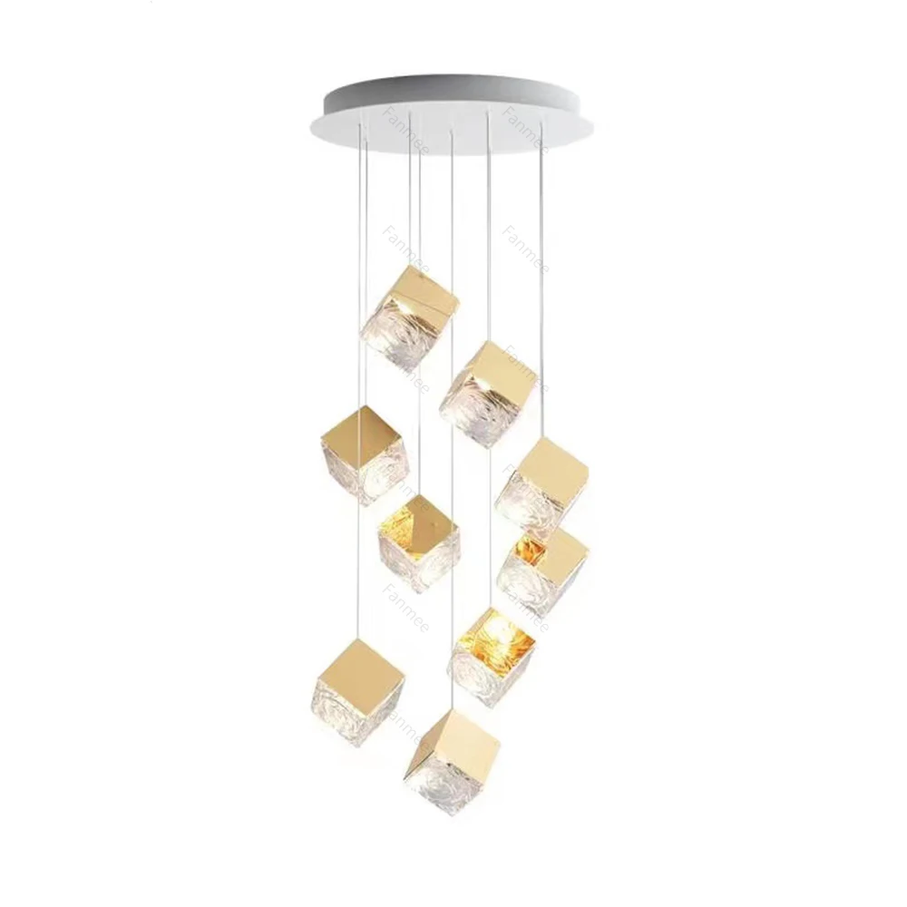 Novi Dizajn Staklena Kocka Visi Visi Svjetiljka LED Moderan Klaster Od Nehrđajućeg Čelika Luster Projekt Rasvjete Svjetiljke za Hotelske Stepenice 5